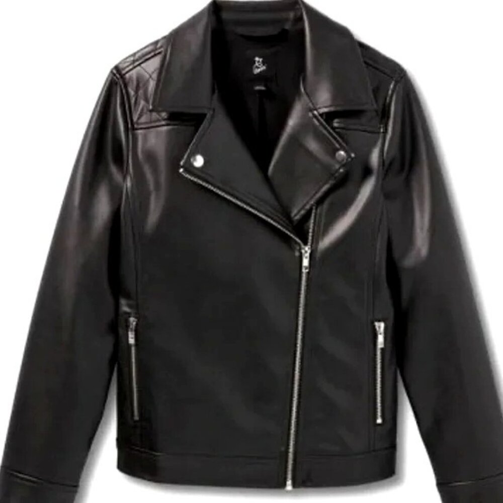Girls Black Faux Leather Moto Jacket With Quilted Shoulder Details & Zip Pockets - Picture 4 of 9